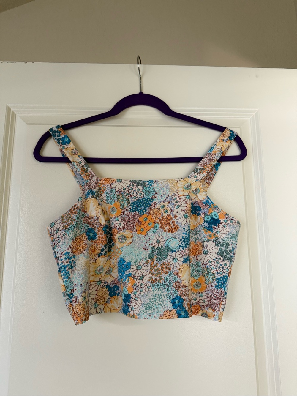 Altar'd State Floral Square-Neck Crop Top in Teal, Mustard & Cream